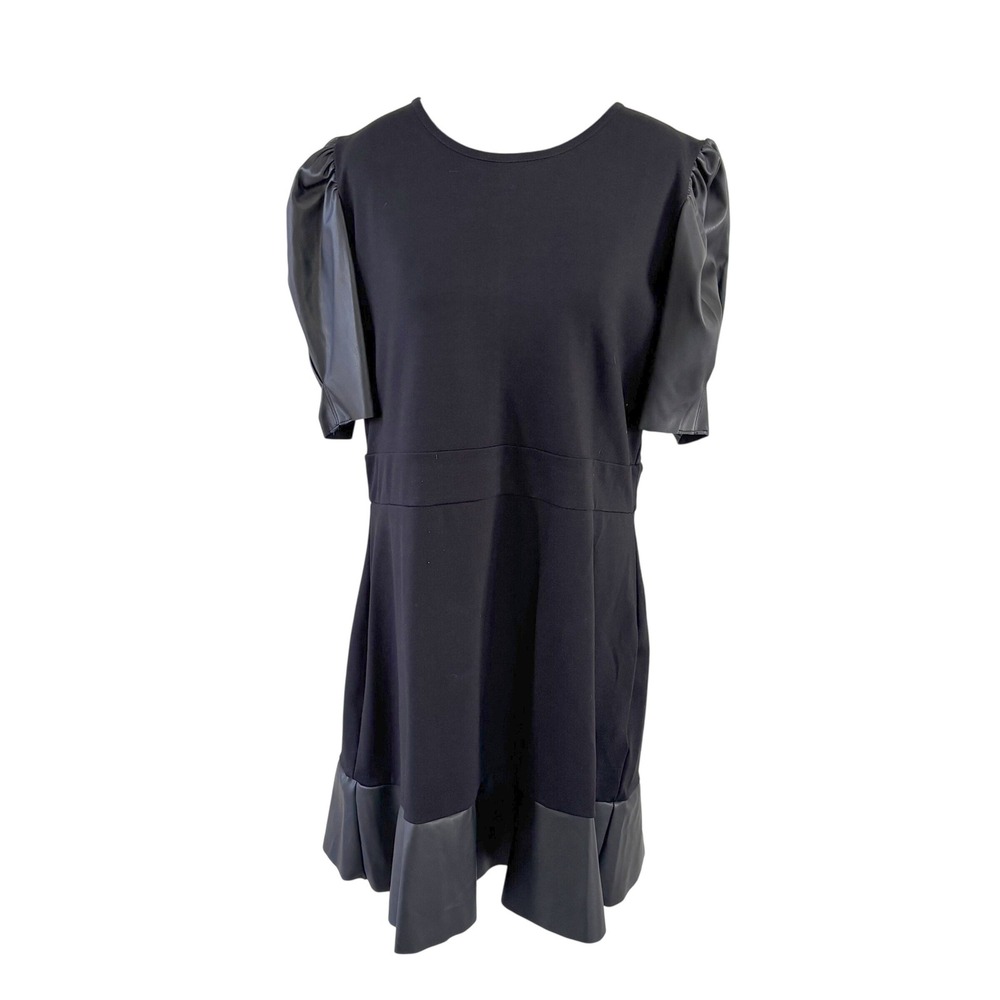Michael Kors Black Dress XL Faux Leather Puff‎ Sleeve Flounce Hem Edgy